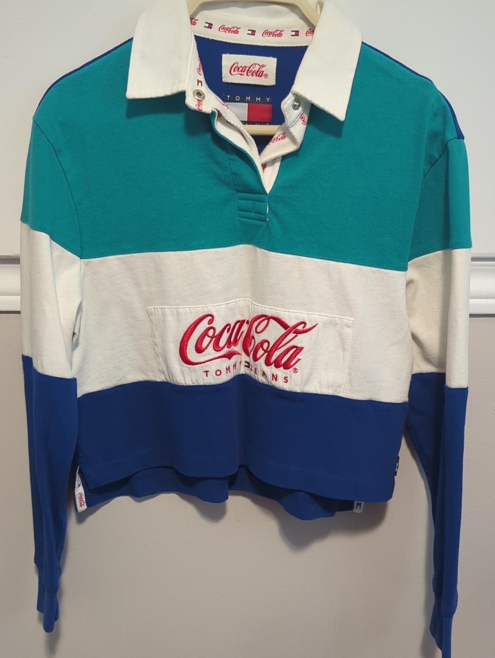 Tommy Hilfiger x Coca-Cola Teal White Blue Cropped Rugby Pullover